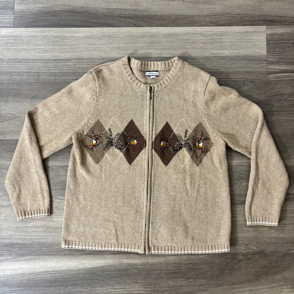 Croft & Barrow M Zip Front Cardigan Sweater Argyle Bird Pinecone Tan Fall Cozy